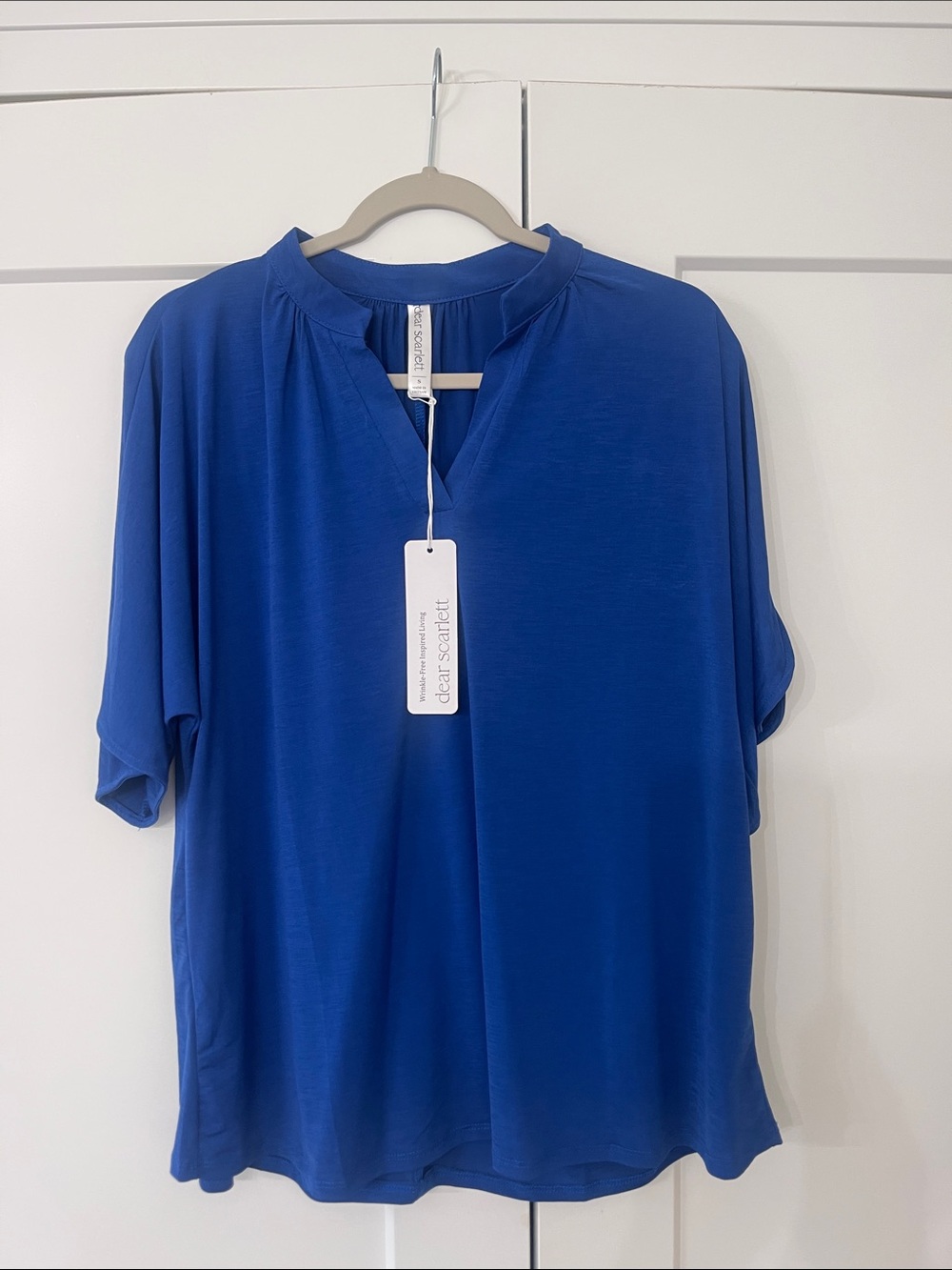 Wrinkle free Scarlett Royal Blue Short Sleeve Split V-Neck Blouse